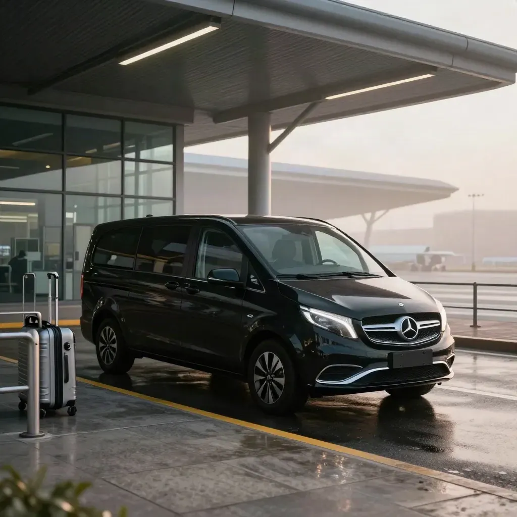 Minivan navetta nero in arrivo in aeroporto con carrello bagagli e riflessi lucidi.