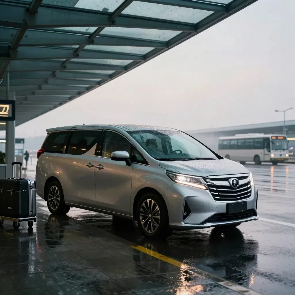 Minivan executive al curb dell’aeroporto, pioggia all’alba e riflessi sul pavimento bagnato.