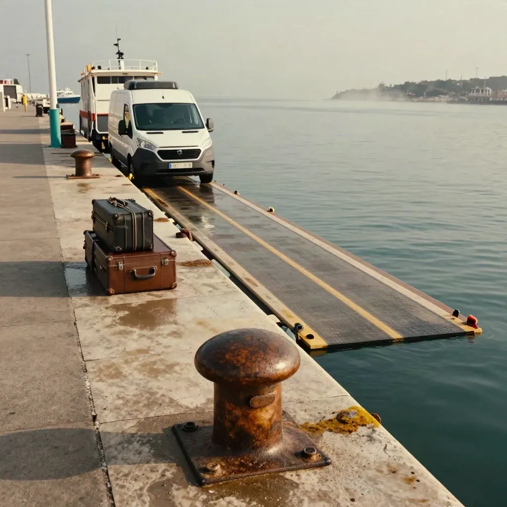 Navetta con valigie al molo del porto, luce calda e atmosfera marina.