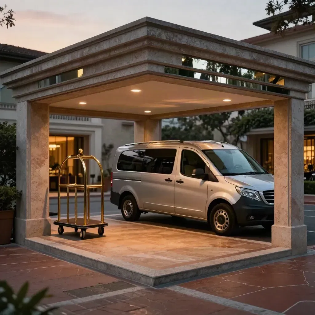 Minivan all’ingresso dell’hotel con carrello bagagli in ottone e gradini di pietra calda al tramonto.