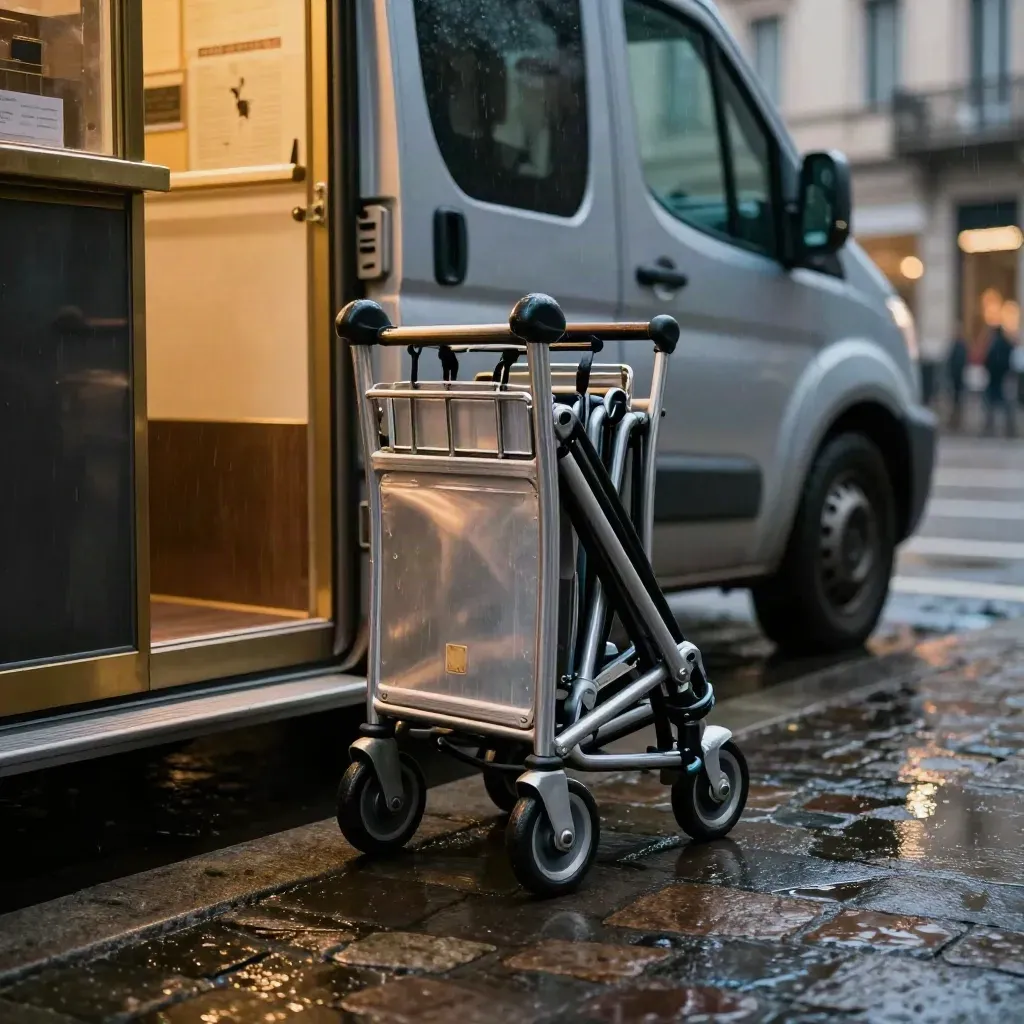 Van shuttle argento davanti a un hotel milanese bagnato, con pavé lucido e carrello bagagli ripiegato.