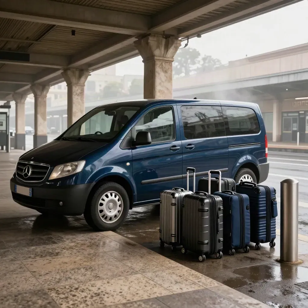 Minivan in sosta rapida a Termini con valigie vuote e colonne di travertino.