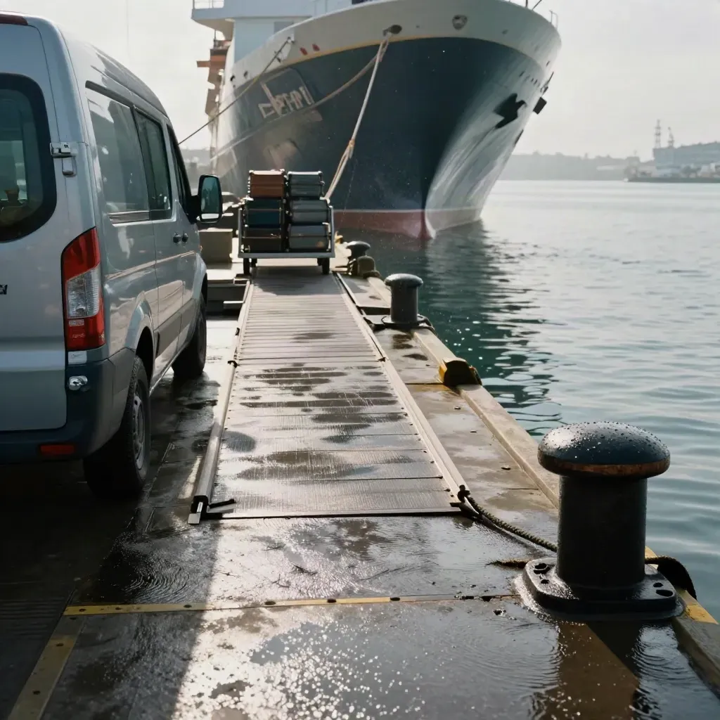 Navetta al molo con valigie, passerella del traghetto e acqua riflettente sotto luce drammatica.