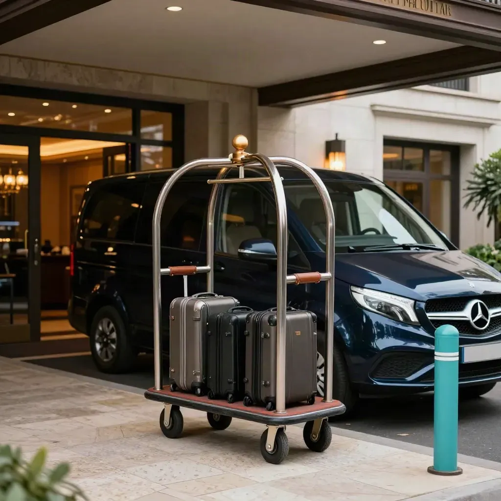 Courtyard d’hotel con minivan navetta, carrello bagagli e luci calde al tramonto