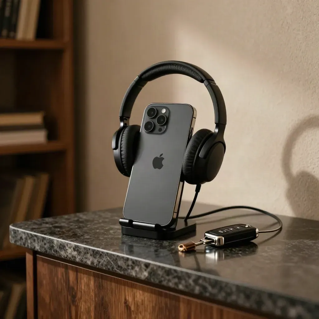 Cradle per smartphone, supporto cuffie e doppio portachiavi su console in pietra scura