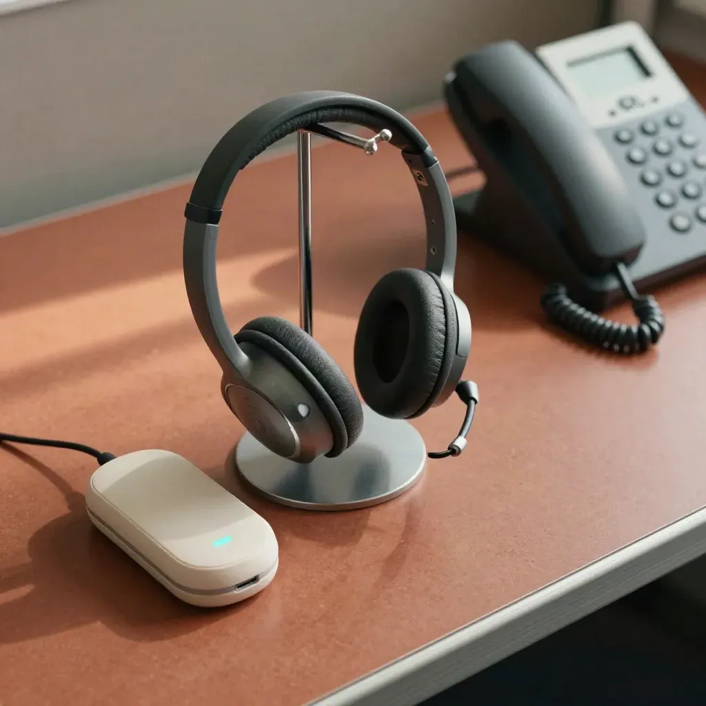 Cuffie su supporto e base telefono su scrivania assistenza, luce morbida dall’alto.
