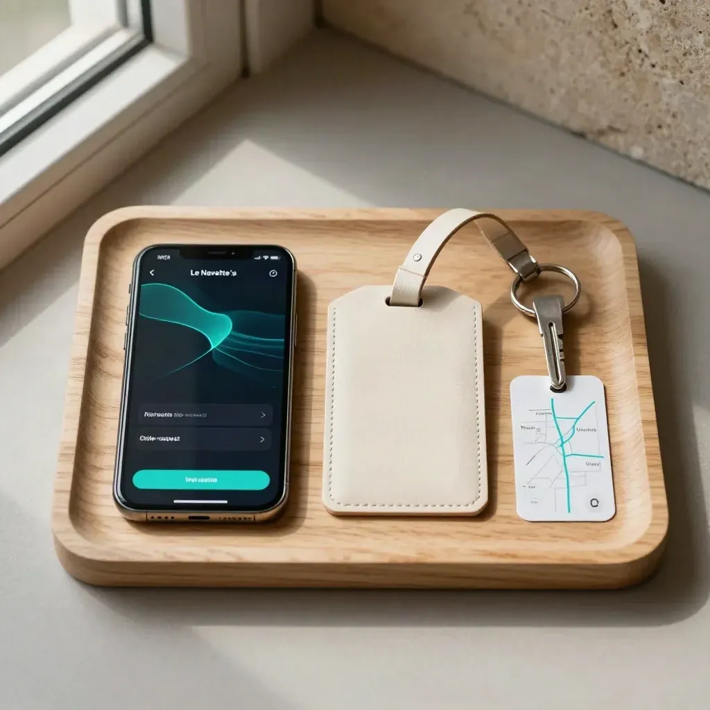 Flatlay dall’alto con smartphone, etichetta bagaglio, portachiavi e segnapercorso su vassoio chiaro.