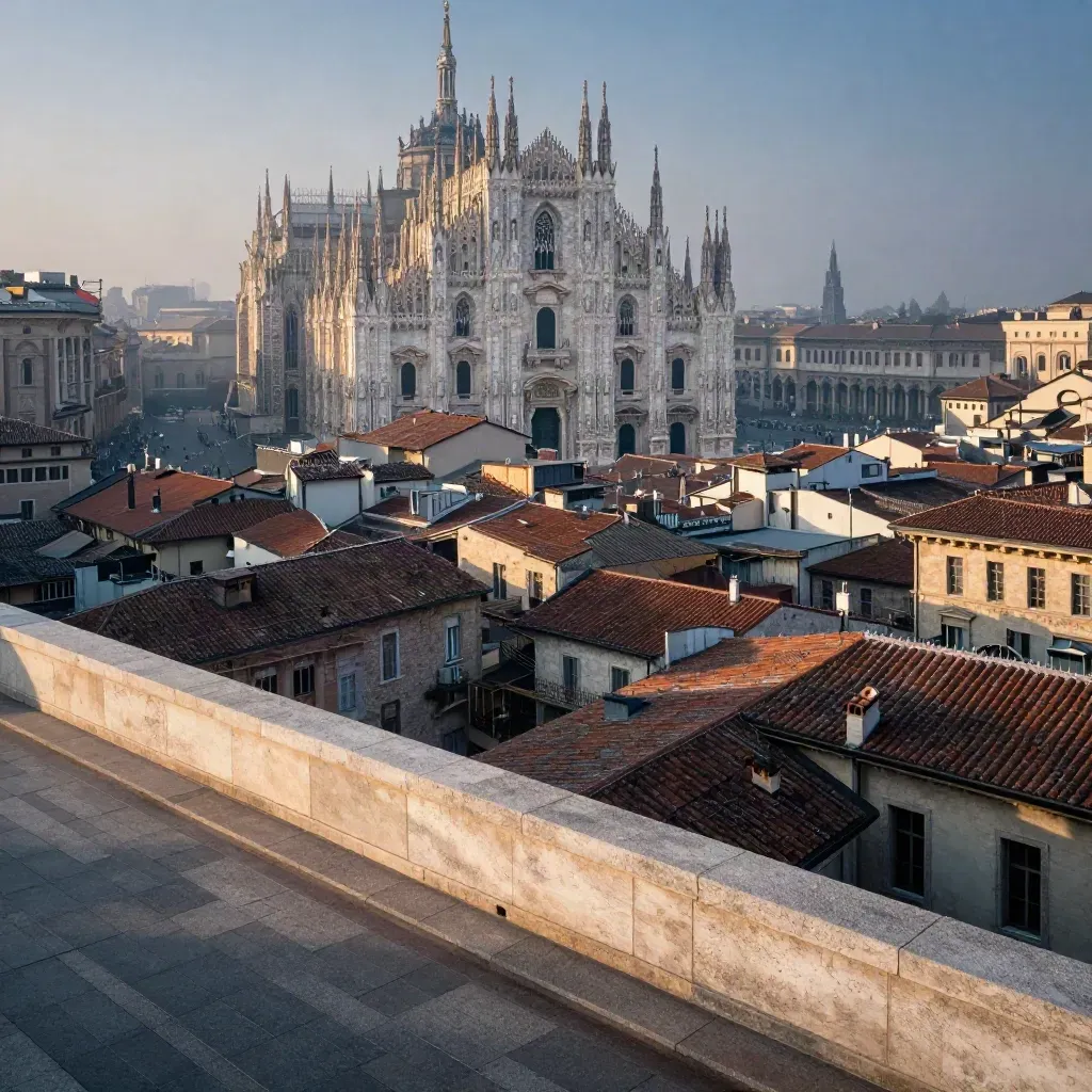 Panorama di Milano all’alba con il Duomo alto tra tetti in terracotta e foschia fredda