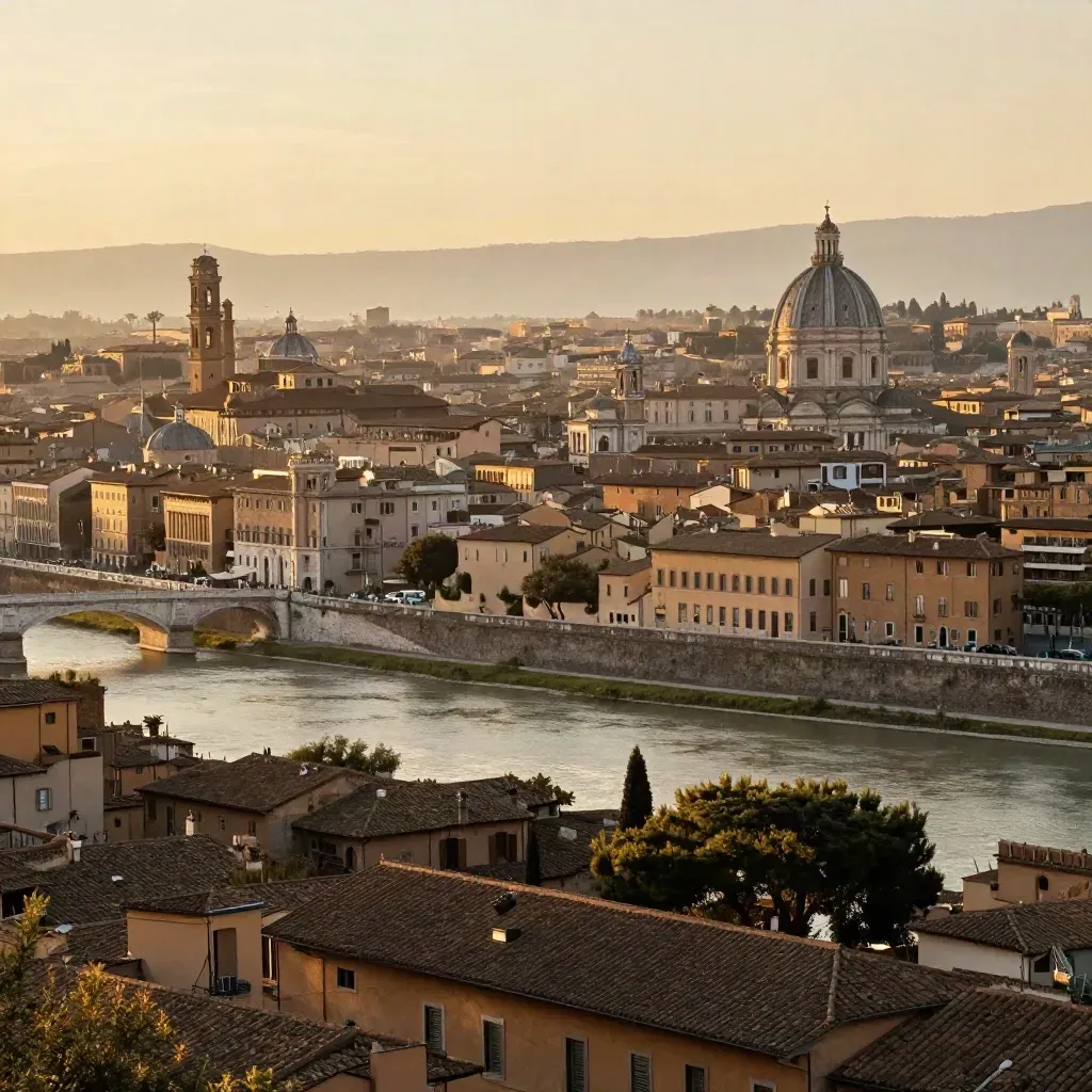 Panorama del Lazio al tramonto con cupole di Roma, fiume e tetti in luce dorata