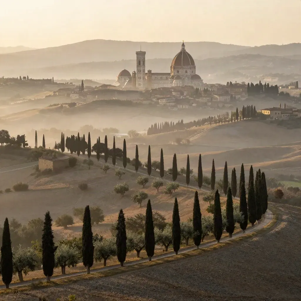 Colline toscane all’alba con cipressi, oliveti e Firenze lontana nella foschia