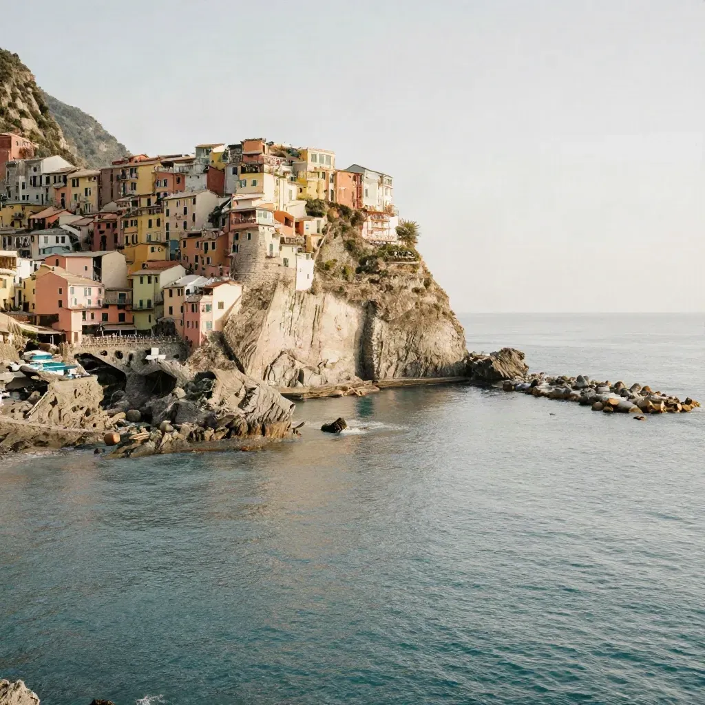 Borghi liguri in collina sopra un molo di pietra e mare calmo nella luce calda